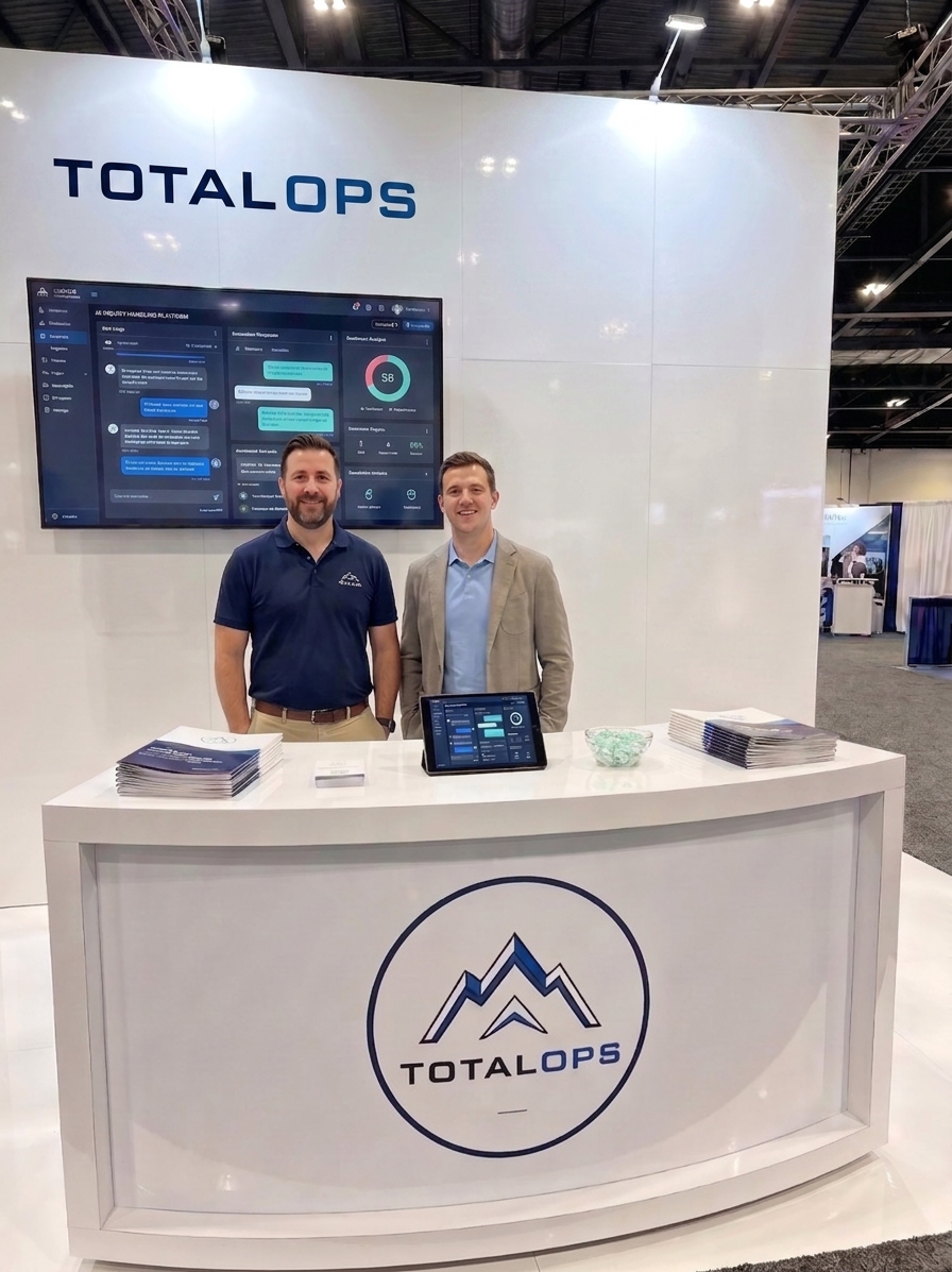 Total Ops team at their branded exhibition stand showing the AI enquiry handling platform on a large screen