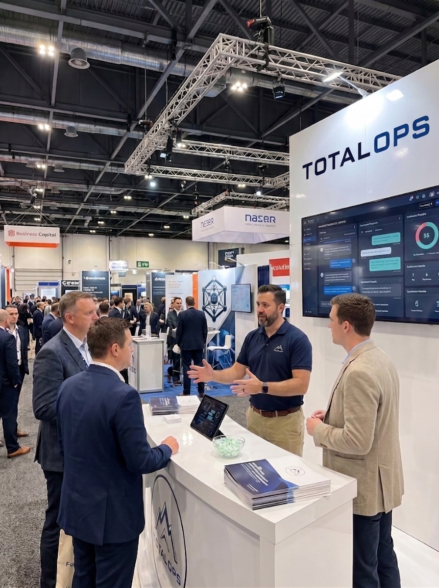 Total Ops founders talking to business owners at a trade show about automating WhatsApp and email enquiries